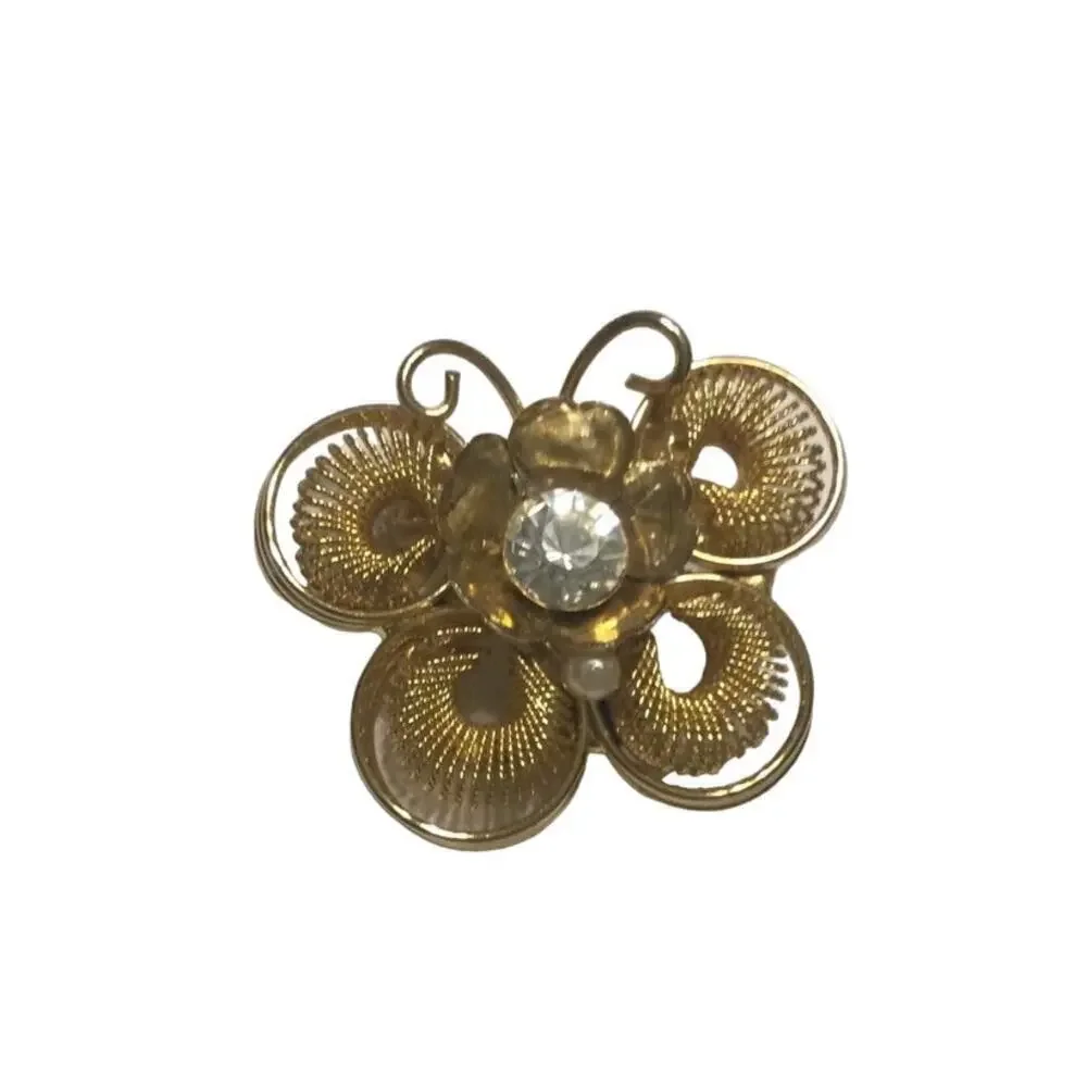 Vtg Butterfly‎ brooch wire pin gold gem rhinestone MCM fashion jewelry granola